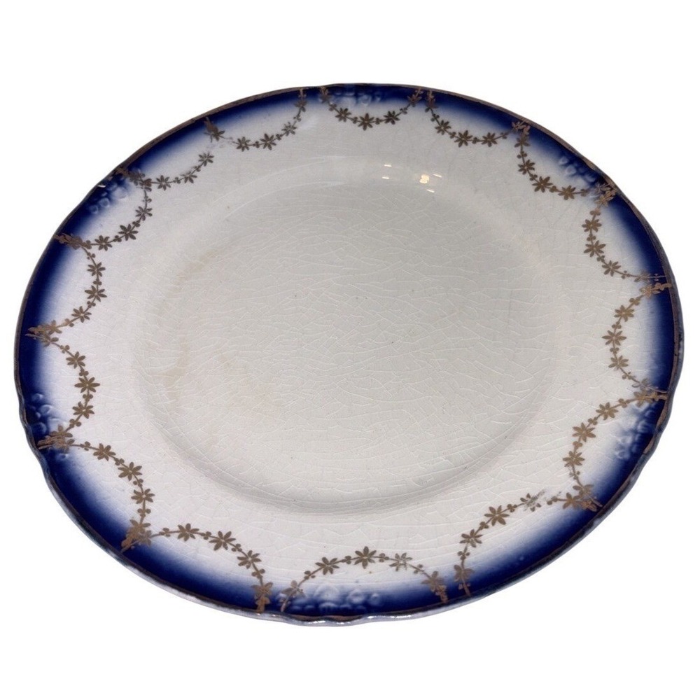La Francaise 6.5 In Plate Semi Vitreous Porcelain Flow Blue Gold Gilding Vintage